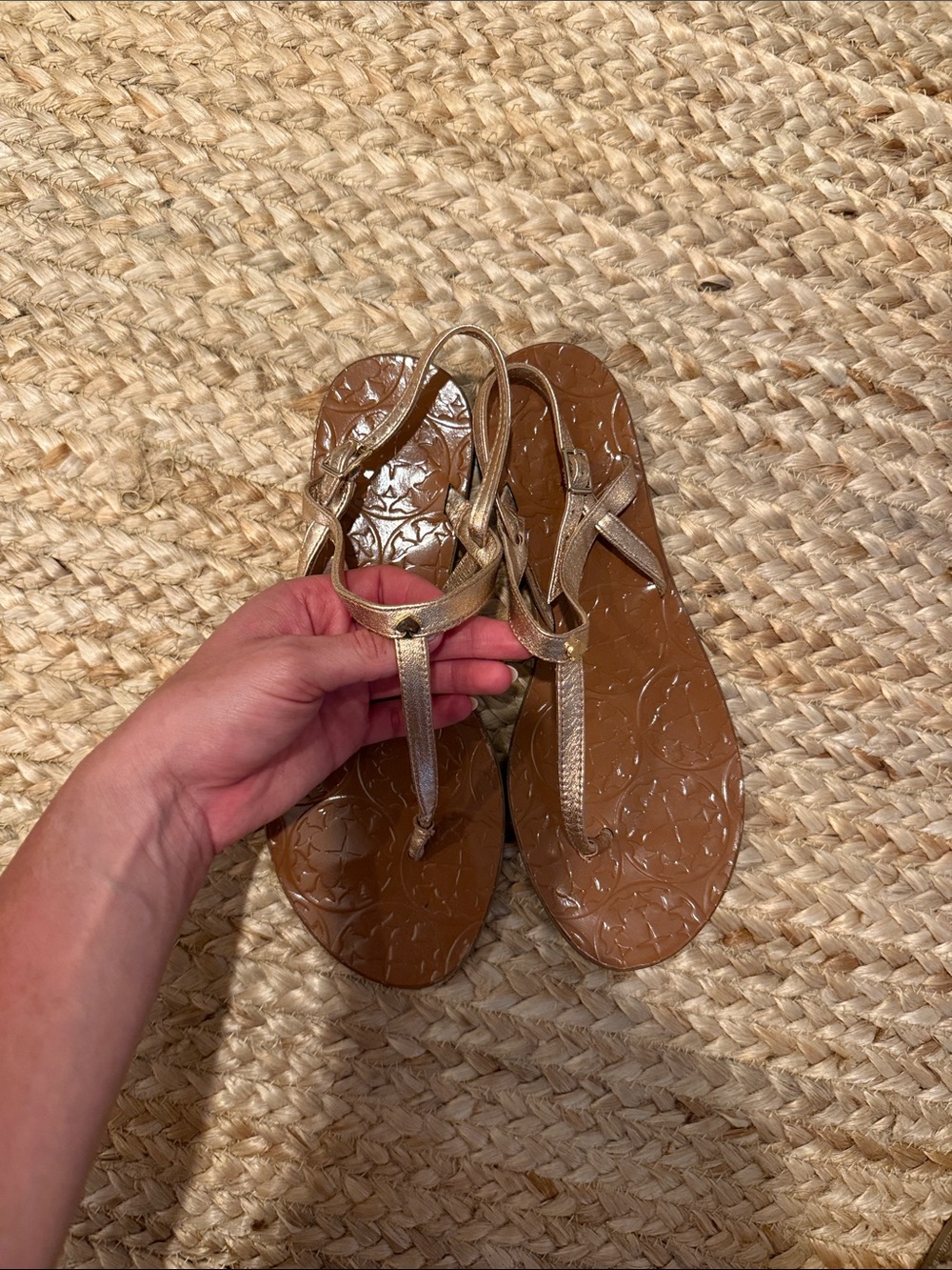 kate spade Metallic Rose Gold T-Strap Sandals